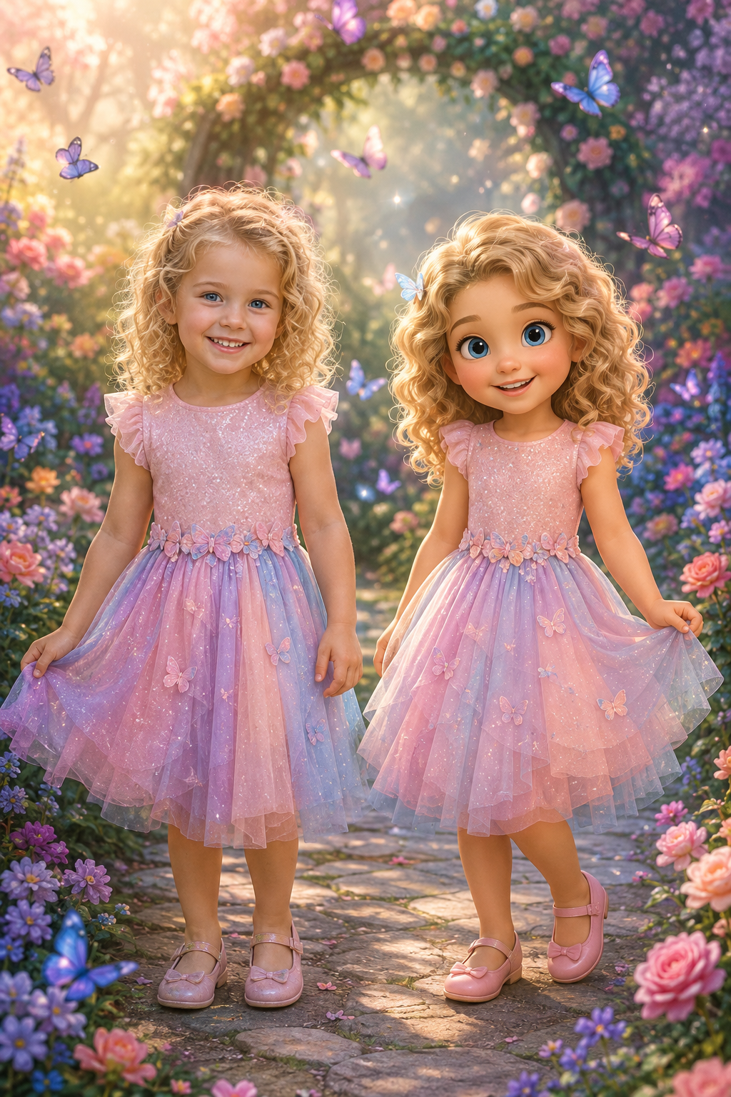Photographic Ania beside her matching 3D animated character in a pastel butterfly garden